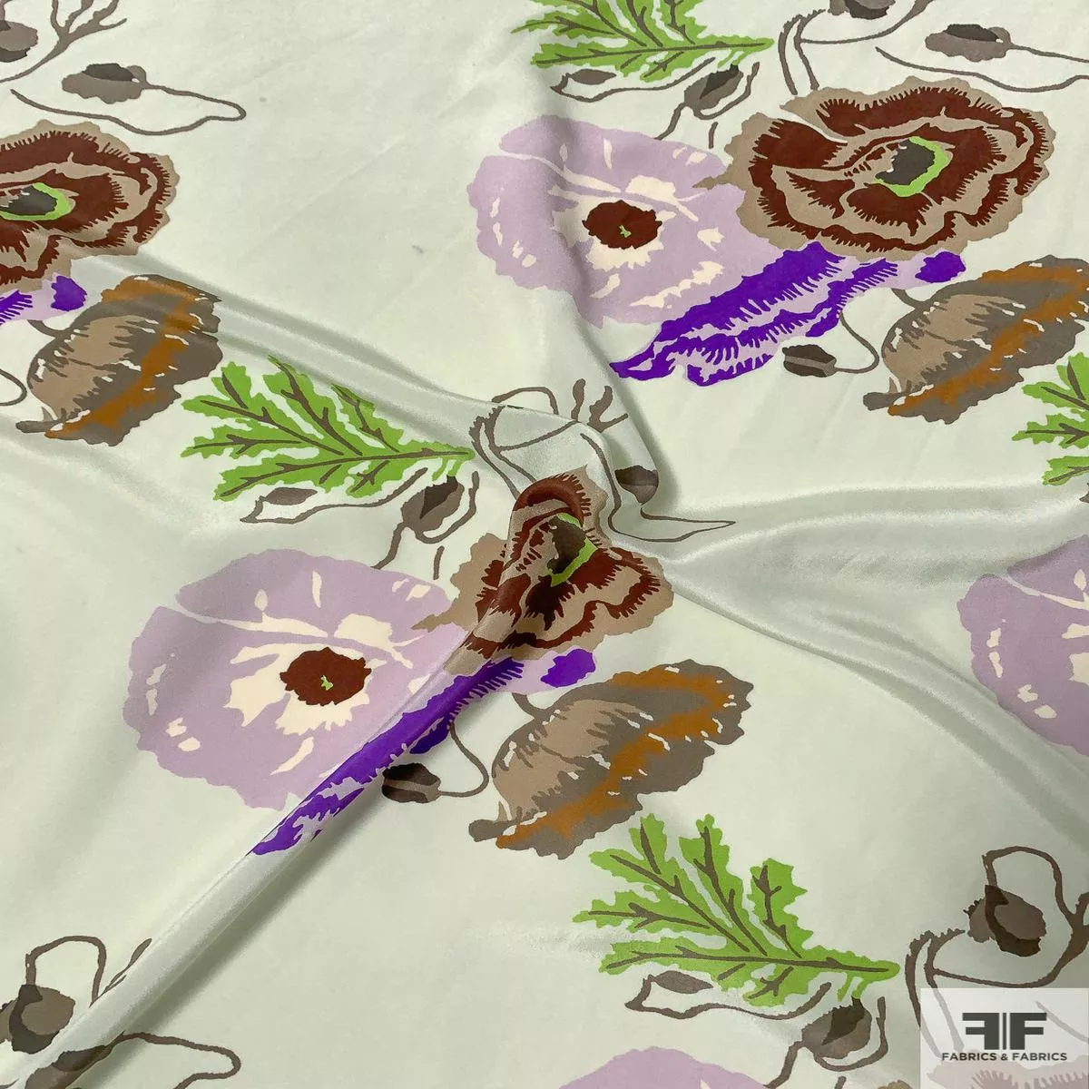 Diagonal Floral Printed Silk Crepe de Chine - Light Sage / Brown / Lavender / Purple / Tan Fabric by the Yard