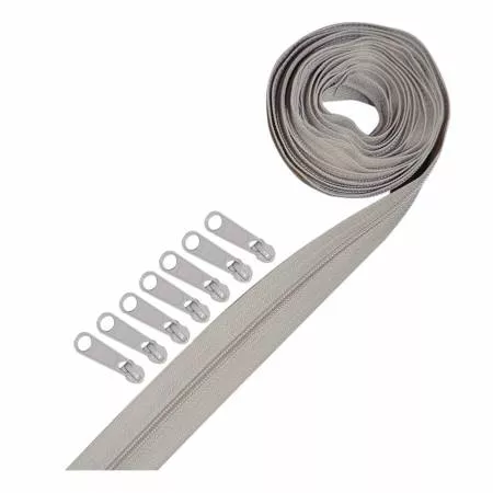 Zipper Tape Reversible Coil 3 yds w/ 8 Slides Pearl Grey